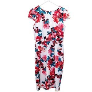 Olivia Matthews Dress Floral White Pink Stretchy Midi Short Sleeves Size Large